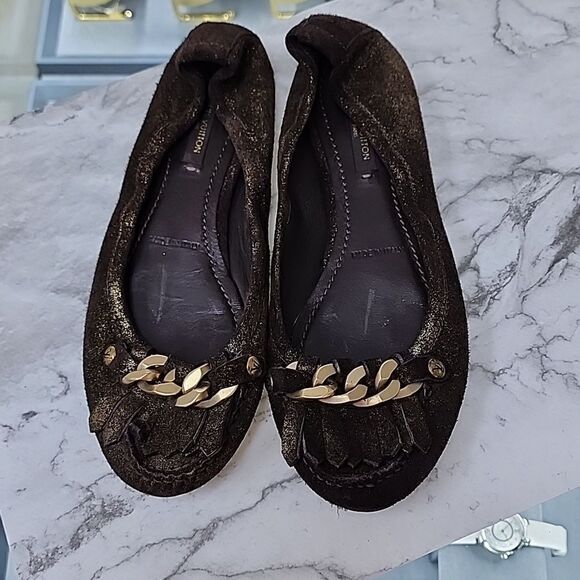 Authentic Louis Vuitton Brown Gold Suede Glitter Sheen Ballet Flats Size 36 - Picture 1 of 7